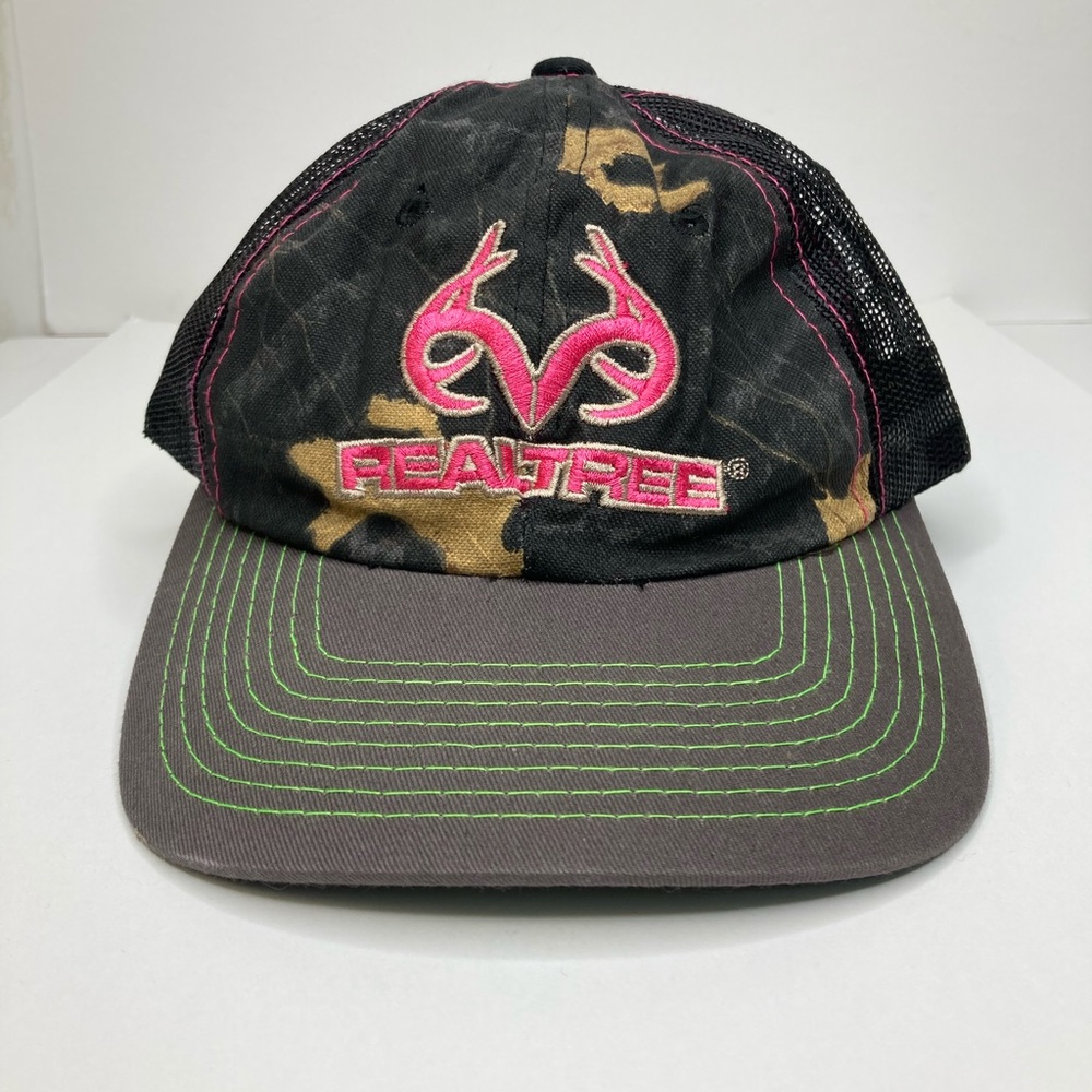 Realtree Pink Embroidered Logo w/Green & Pink Stitching Camouflage Hat for Kids